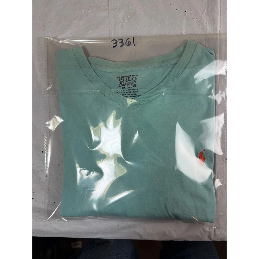 Polo Ralph Lauren Mens V-Neck T-Shirt Medium Aqua Blue Cotton Orange Pony Logo
